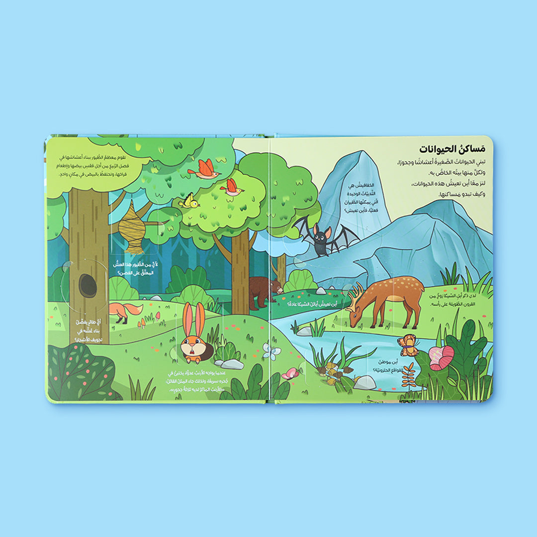 كتاب تعليمي للأطفال عن الحيوانات والبيئات المختلفة.