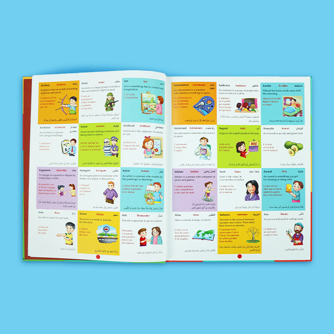 صفحات داخلية من كتاب أوّل 1000 كلمة للصغار تعرض كلمات مصوّرة بالإنجليزية والعربية والفرنسية