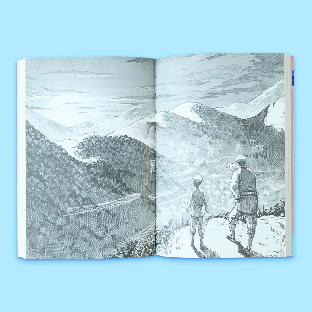 رسومات داخلية من كتاب صوت العزف يشدو في البرية تُظهر مشاهد طبيعية وجبال تعبّر عن العزلة، الصراع، وقوة الأمل في القصة